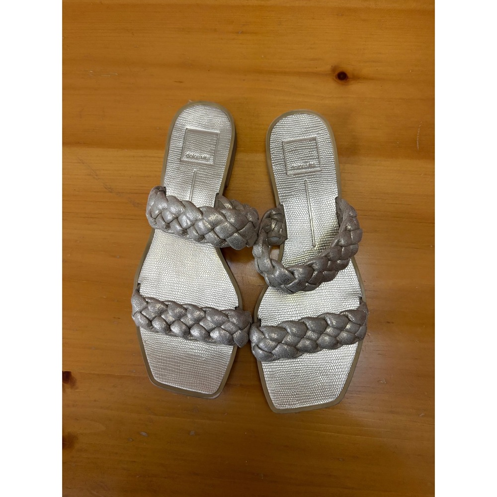 Dolce Vita Inday Metallic Silver Braided Square Toe Slide Sandals Womens Size 10